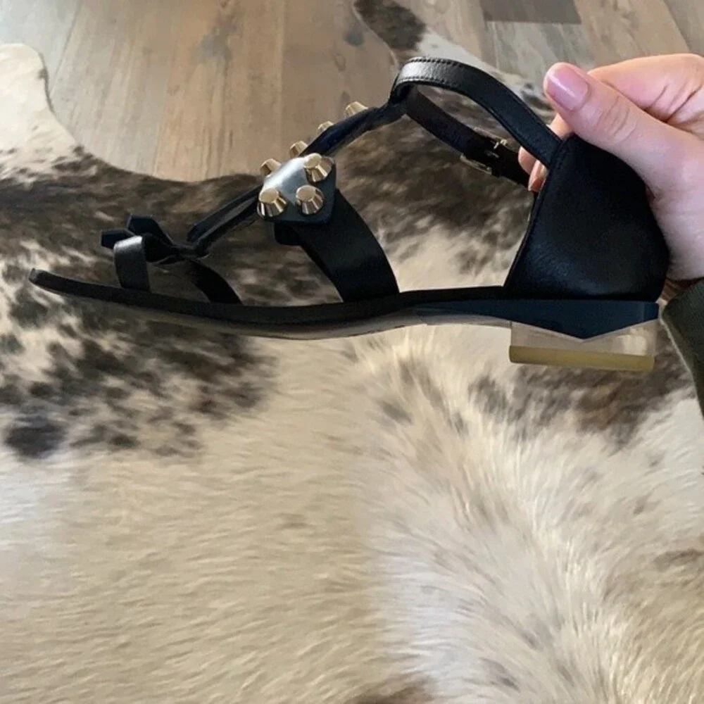 Tory Burch Aurora Leather Studded Ankle-Strap Sandals Blue and Black Size: 6